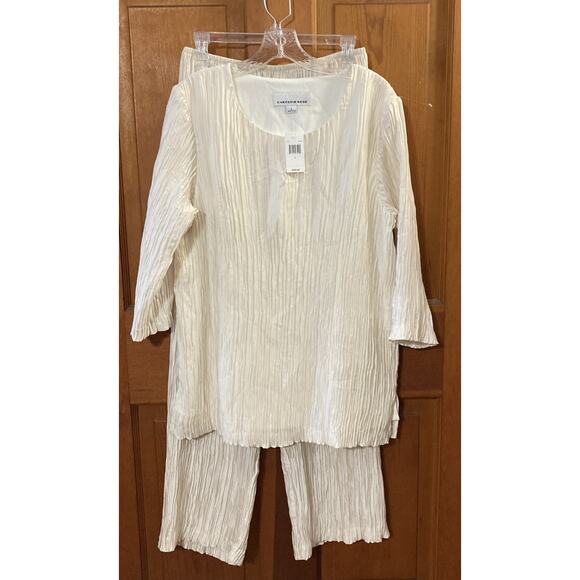 Caroline Rose Plisse Pants Set 2 Piece New Top Sz L Pants Sz M Ivory - Picture 3 of 16
